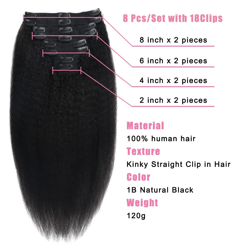 Tahikie Kinky Straight Clip in Hair Extensions Real Human Hair Clip Ins Full Head for Black Women Brazilian Remy Yaki Human Hair Natural Black Color 8 Pcs 18 Clips 120 G 16 Inch Kinky Straight