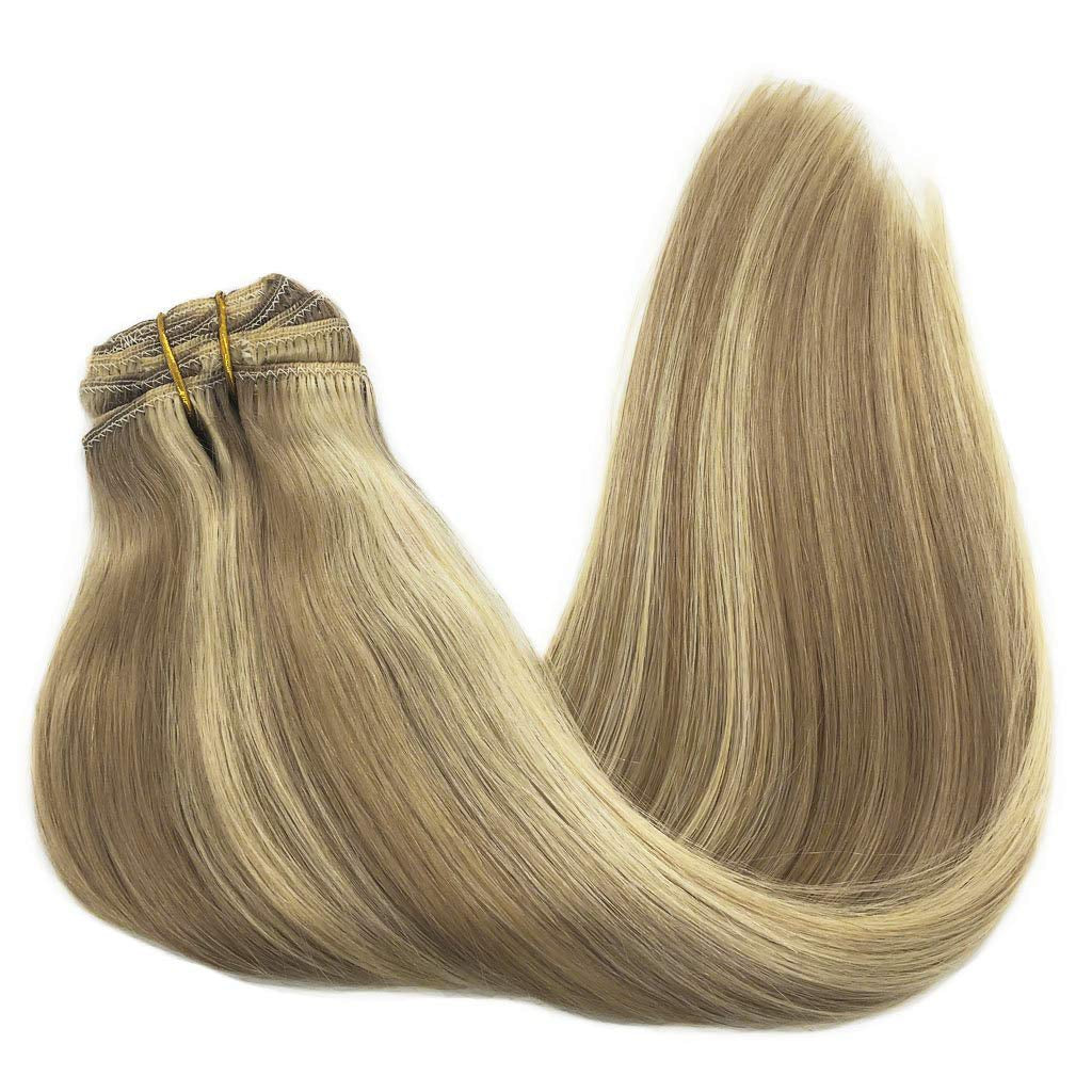 Clip In Hair Extensions for Women Soft Natural Handmade Real Human Hair Extensions Light Blonde Highlighted Golden Blonde Long Straight P16 22 7Pcs 120G 18 Inches