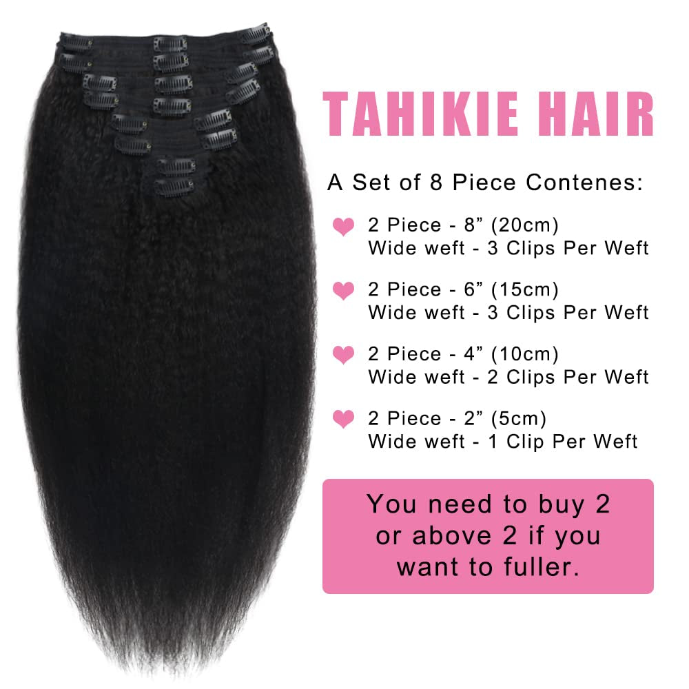 Tahikie Kinky Straight Clip in Hair Extensions Real Human Hair Clip Ins Full Head for Black Women Brazilian Remy Yaki Human Hair Natural Black Color 8 Pcs 18 Clips 120 G 16 Inch Kinky Straight