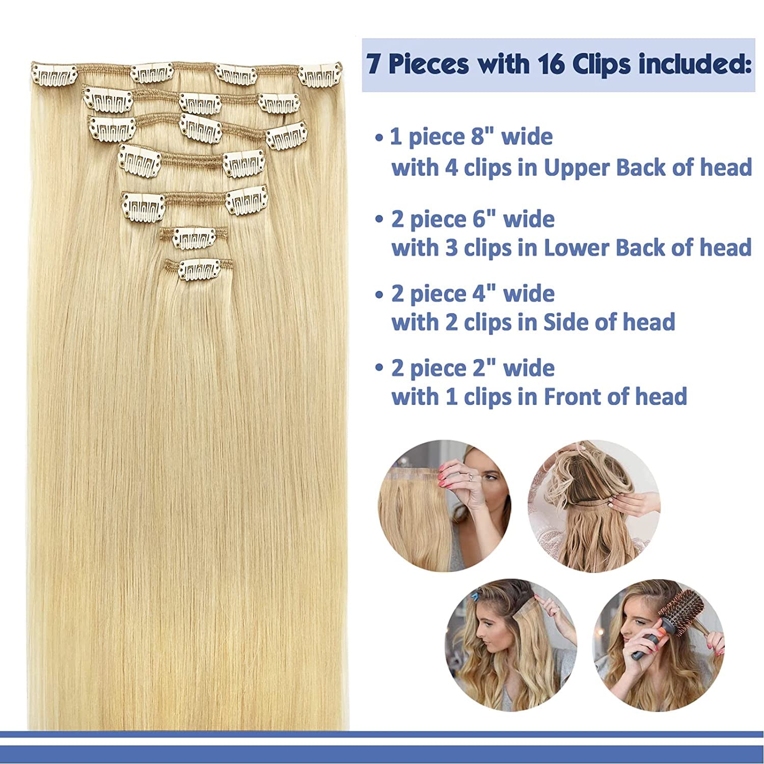 Real Hair Extensions Clip in Human Hair Bleach Blonde 7Pcs 120G 18 Inch Clip in Hair Extensions Human Hair Straight Hair Estensions Remy Hair Extensions for Women