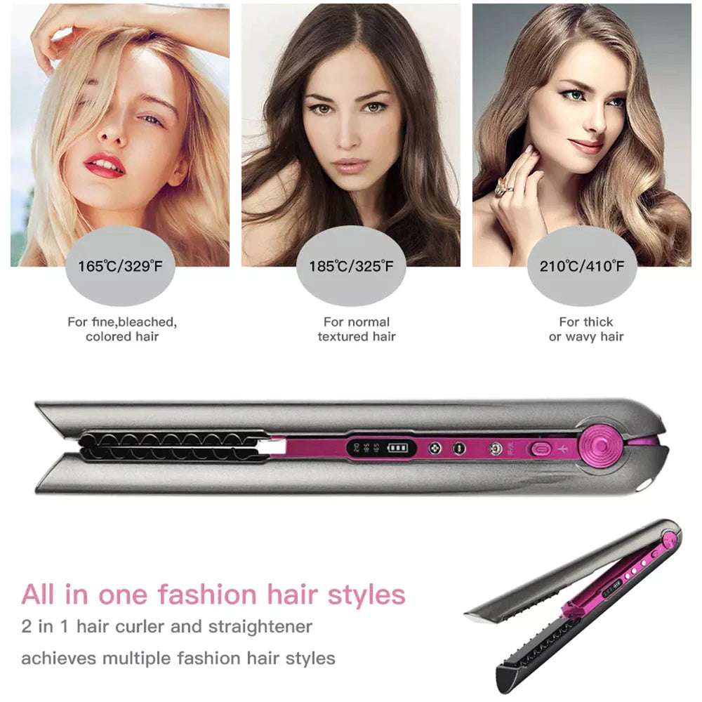 Wireless Hair Straightener with Charging Base Flat Iron Mini 2 in 1 Roller USB 4800Mah Portable